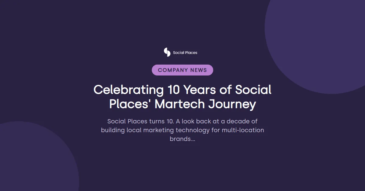 Social Places share card tagged Company News, reading 'Celebrating 10 Years of Social Places' Martech Journey'.
