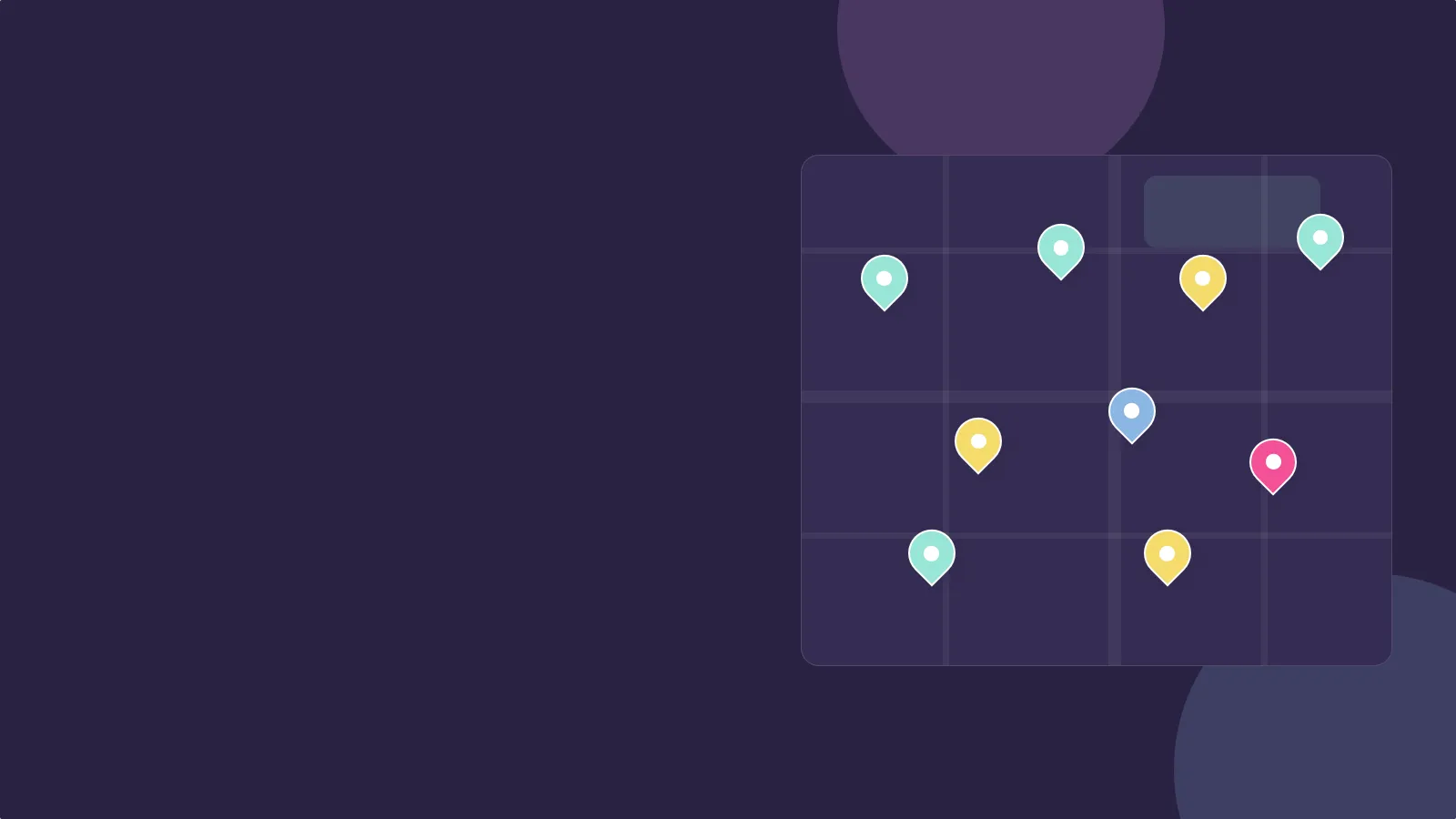 Dark illustration of a map grid with a brand's location pins in different colours, some verified and some still pending.