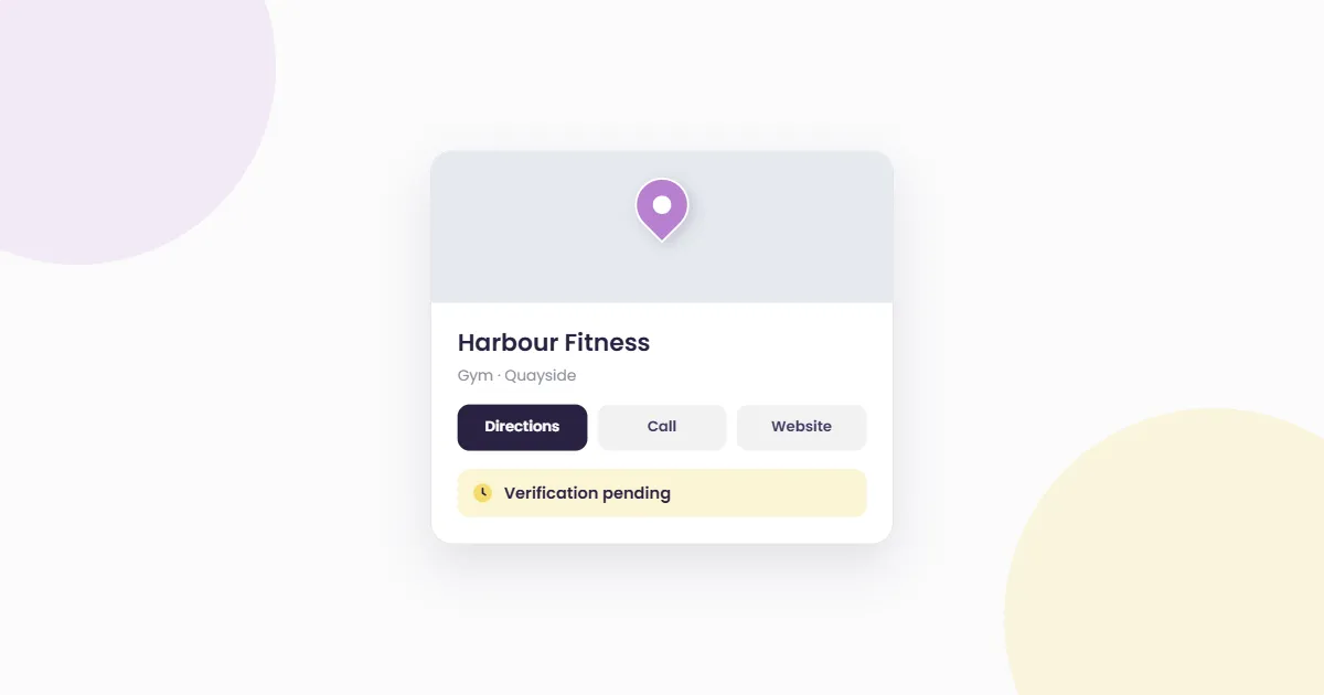 Light illustration of an Apple Maps place card for a gym with Directions, Call and Website buttons and a Verification pending badge.