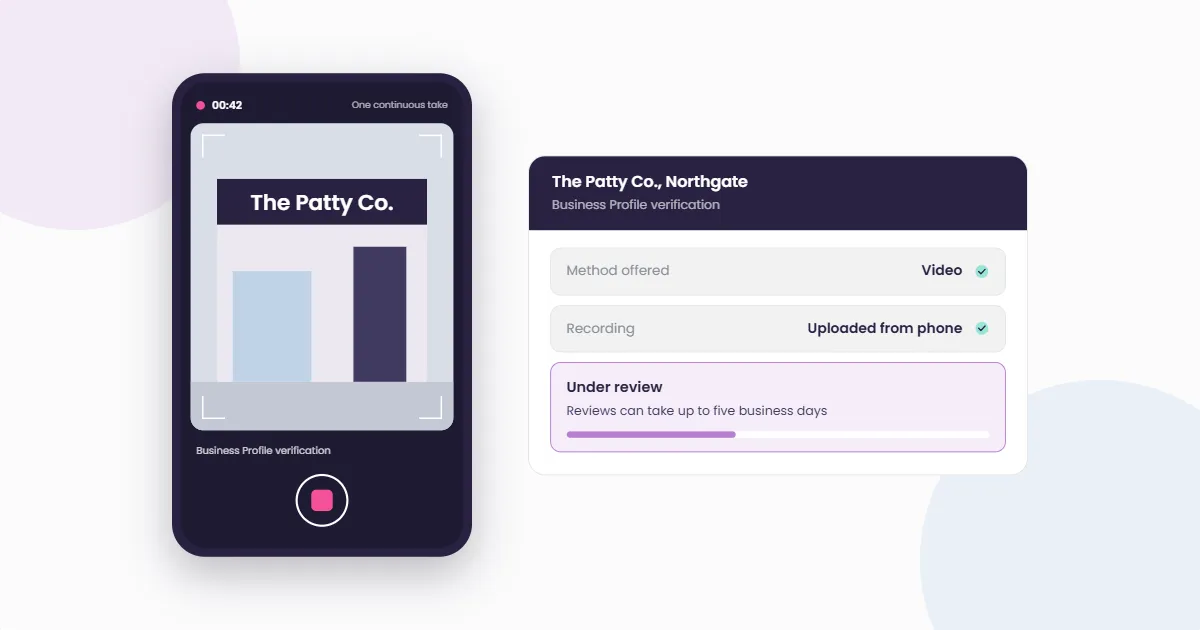 Light illustration of a phone recording a shop sign beside a Business Profile verification card showing video as the method offered, the recording uploaded from the phone, and the review in progress.