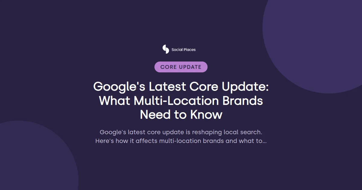 Social Places share card tagged Core Update, reading 'Google's Latest Core Update: What Multi-Location Brands Need to Know'.