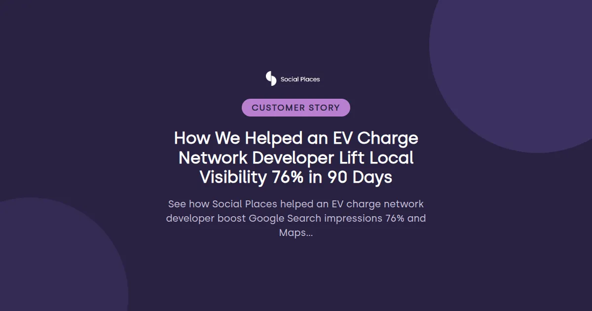 Social Places share card tagged Customer story, reading 'How We Helped an EV Charge Network Developer Lift Local Visibility 76% in 90 Days'.