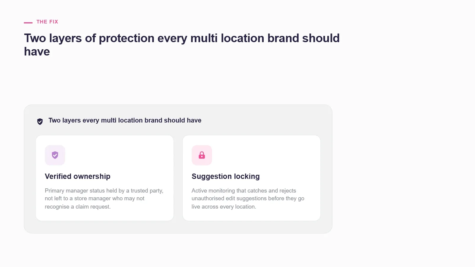 Two protection layers every multi-location brand should have: verified ownership with primary manager status held by a trusted party, and suggestion locking that catches and rejects unauthorised edits before they go live