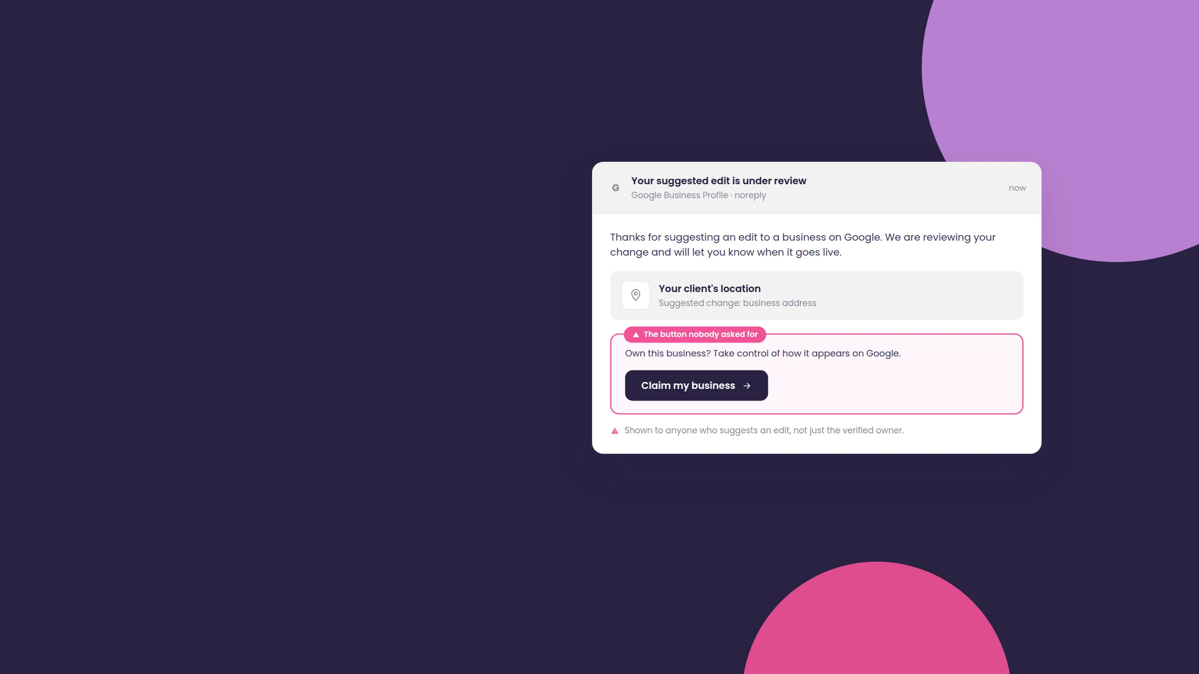 Mock Google Business Profile edit-confirmation email on a dark background, highlighting a prominent one-click 'Claim my business' button shown to anyone who suggests an edit