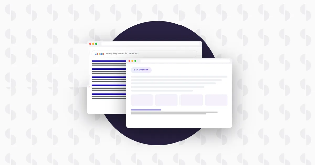 Illustration of a Google search results page beside an AI Overview panel answering the query in place, on a light Social Places patterned background