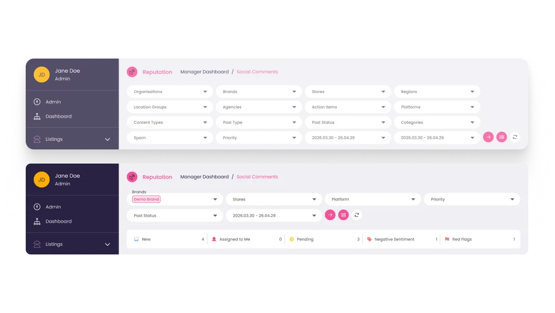Social Comments quick filters shown before and after the redesign.