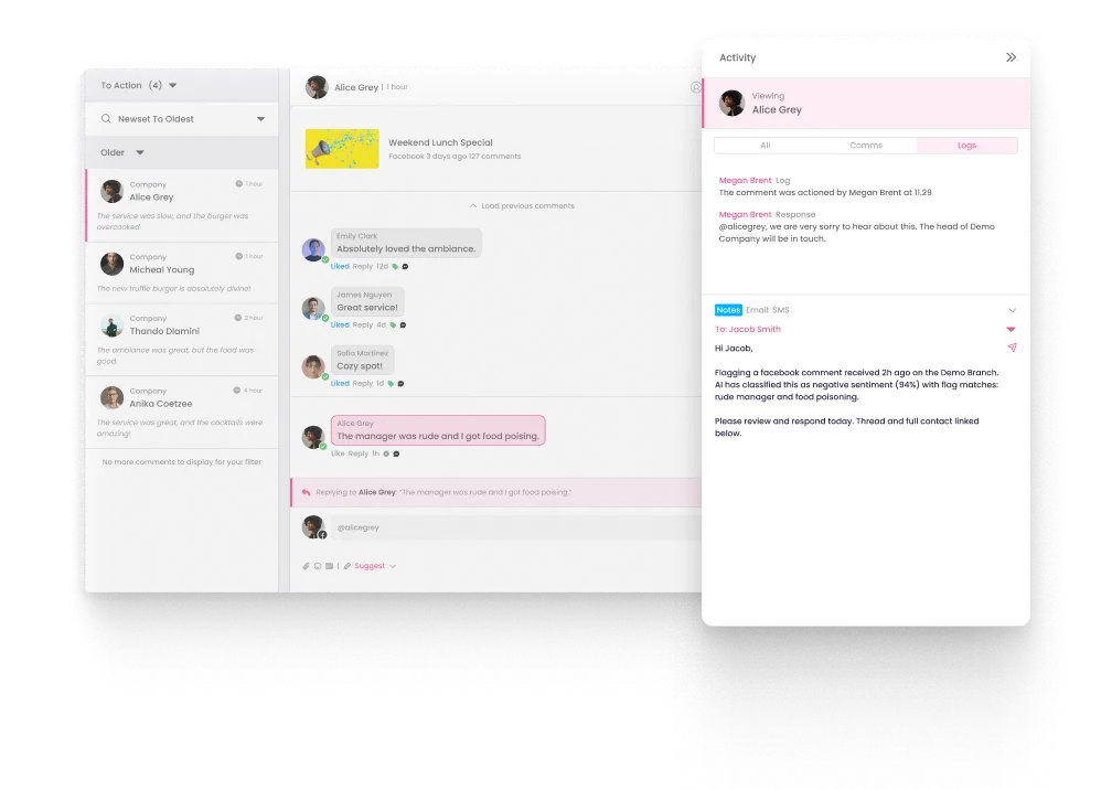 Escalating a flagged comment by email to a store manager from inside the dashboard.