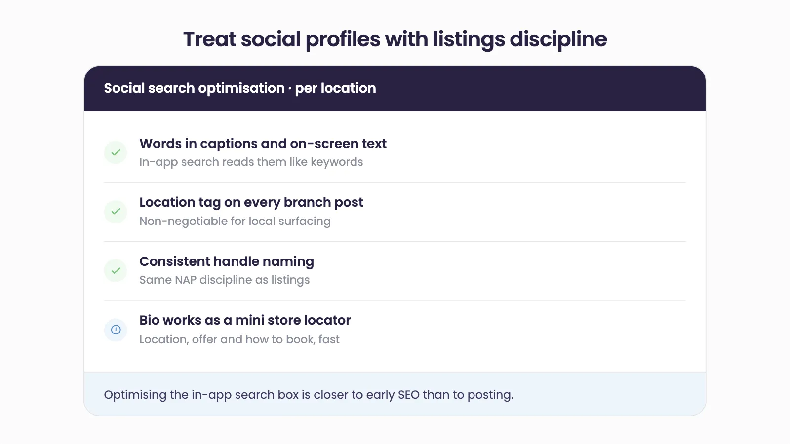Social search optimisation per location: words in captions and on-screen text, a location tag on every branch post, consistent handle naming, and a bio that works as a mini store locator