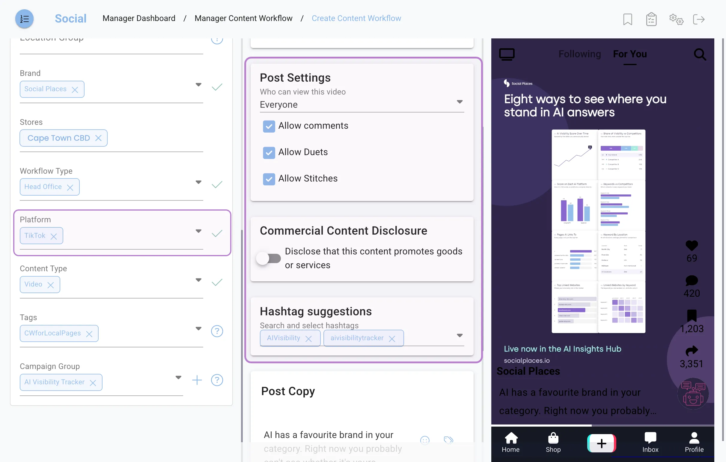 The Content Workflow composer with TikTok selected as the platform, showing TikTok's own per post settings: who can view the video, allow comments, allow duets, allow stitches, a commercial content disclosure toggle, and hashtag suggestions