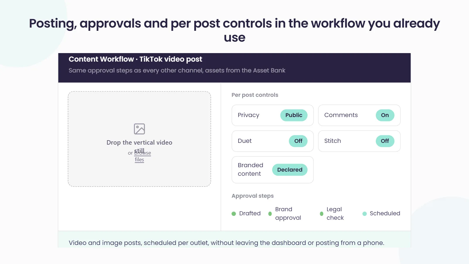 A TikTok video post being built in the Content Workflow, with per post controls for privacy, comments, duet, stitch and branded content, and the usual approval steps