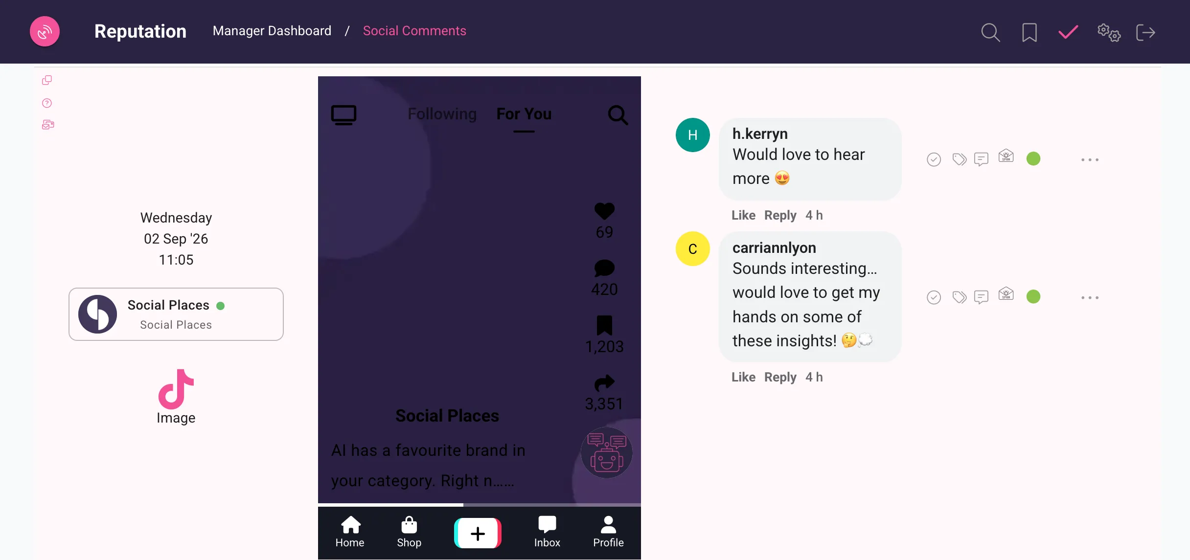The Social Comments inbox in Reputation showing a TikTok post beside its comment thread, with the same row of action controls on each comment as every other channel