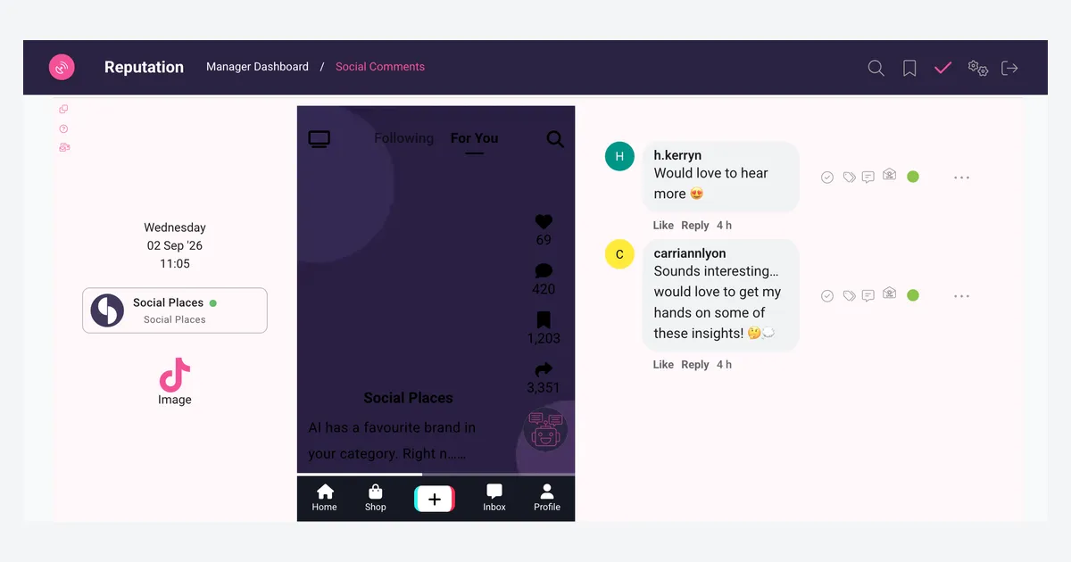 The Social Comments inbox in Reputation handling the comment thread on a TikTok post.
