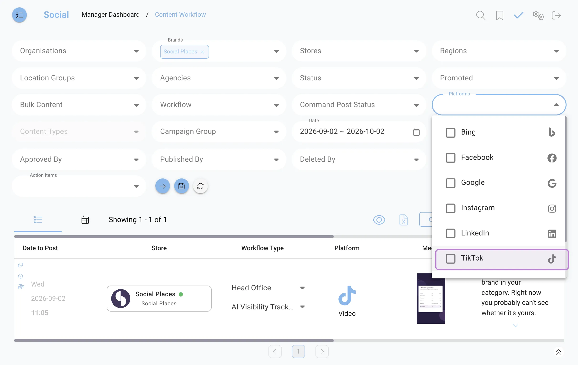 The Content Workflow filter panel with the Platforms dropdown open, listing Bing, Facebook, Google, Instagram, LinkedIn and TikTok, with one scheduled TikTok video in the results below